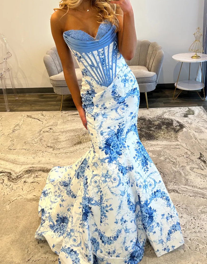 White and Blue Floral Mermaid Corset Strapless Long Prom Dress