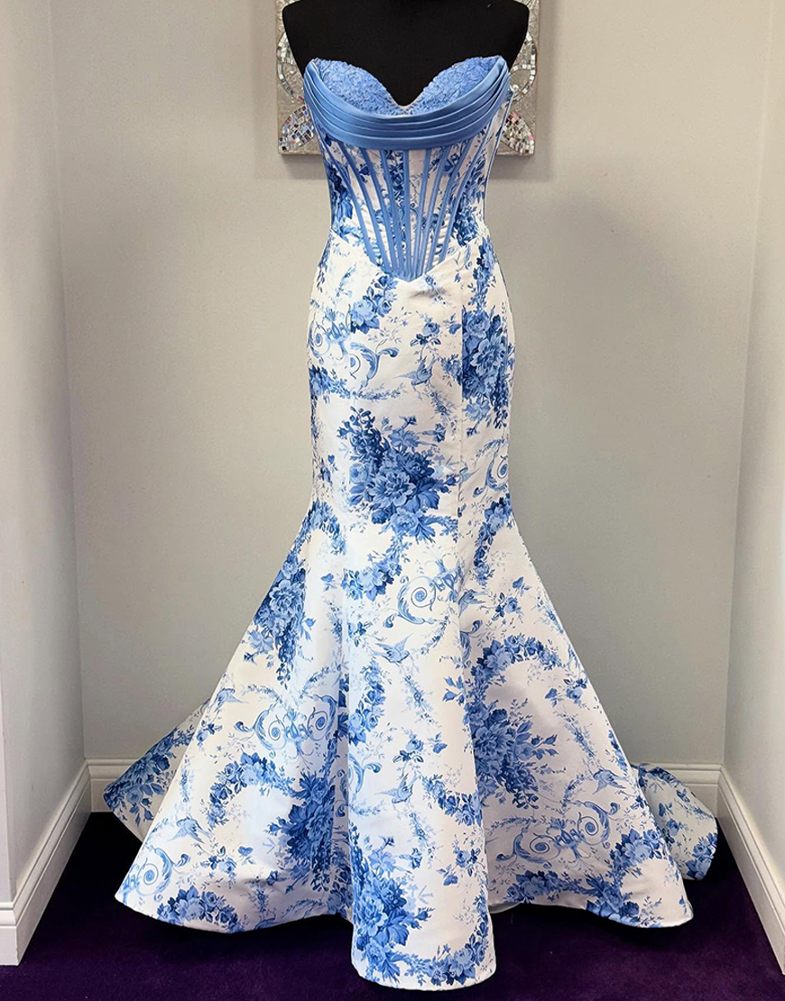 White and Blue Floral Mermaid Corset Strapless Long Prom Dress
