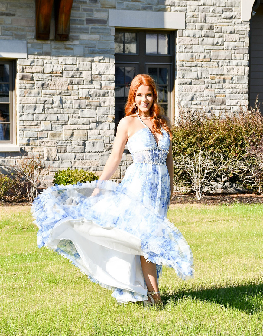 Pink Floral Halter Corset Ruffled Long Prom Dress with Slit