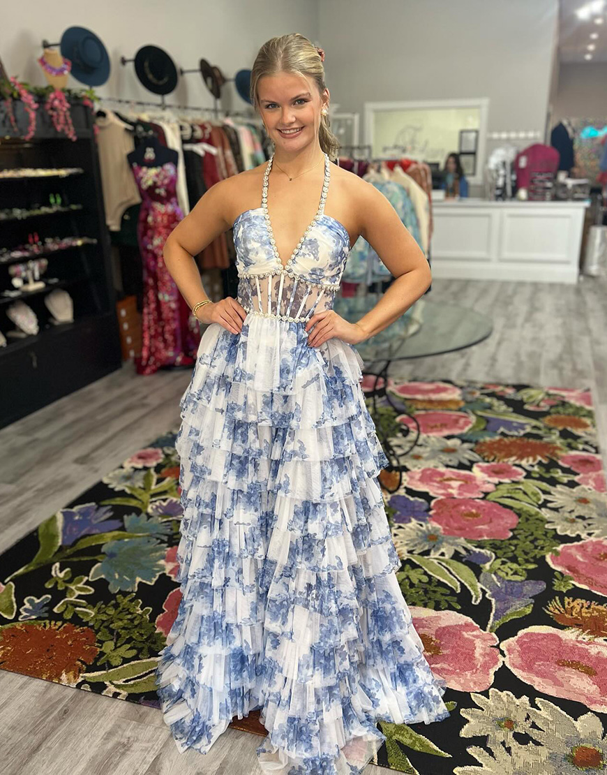 Candy Pink Floral A Line Tiered Beaded Long Corset Prom Dress with Ruffles