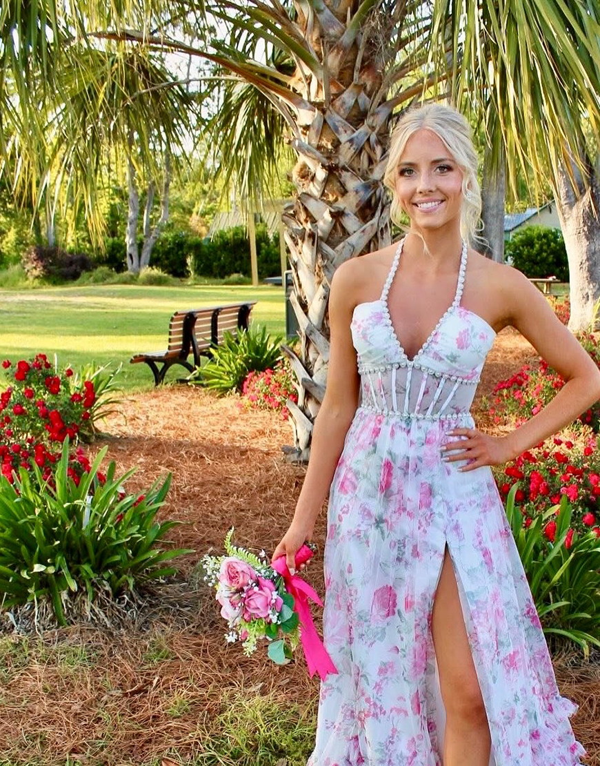 Berlinnova Women Pink Floral Ruffled Corset Long Prom Dress with Slit Tiered Halter A Line Pageant Dress