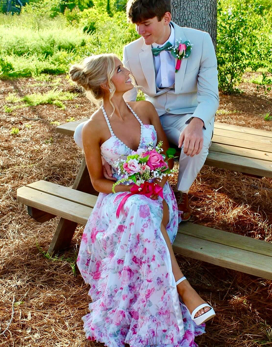 Pink Floral Halter Corset Ruffled Long Prom Dress with Slit