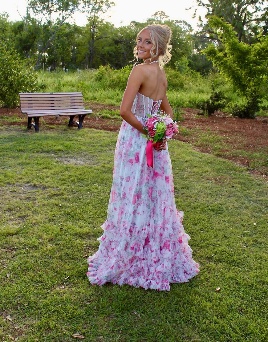Pink Floral Halter Corset Ruffled Long Prom Dress with Slit