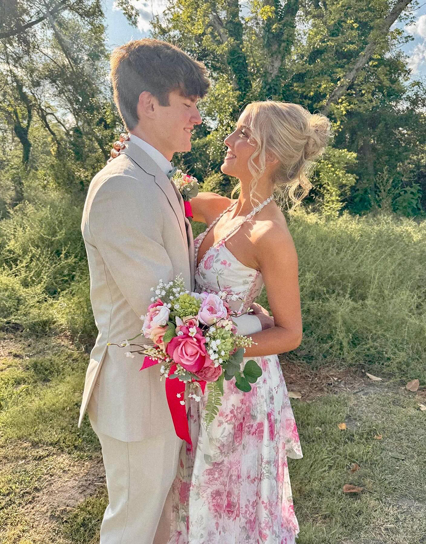 Pink Floral Halter Corset Ruffled Long Prom Dress with Slit