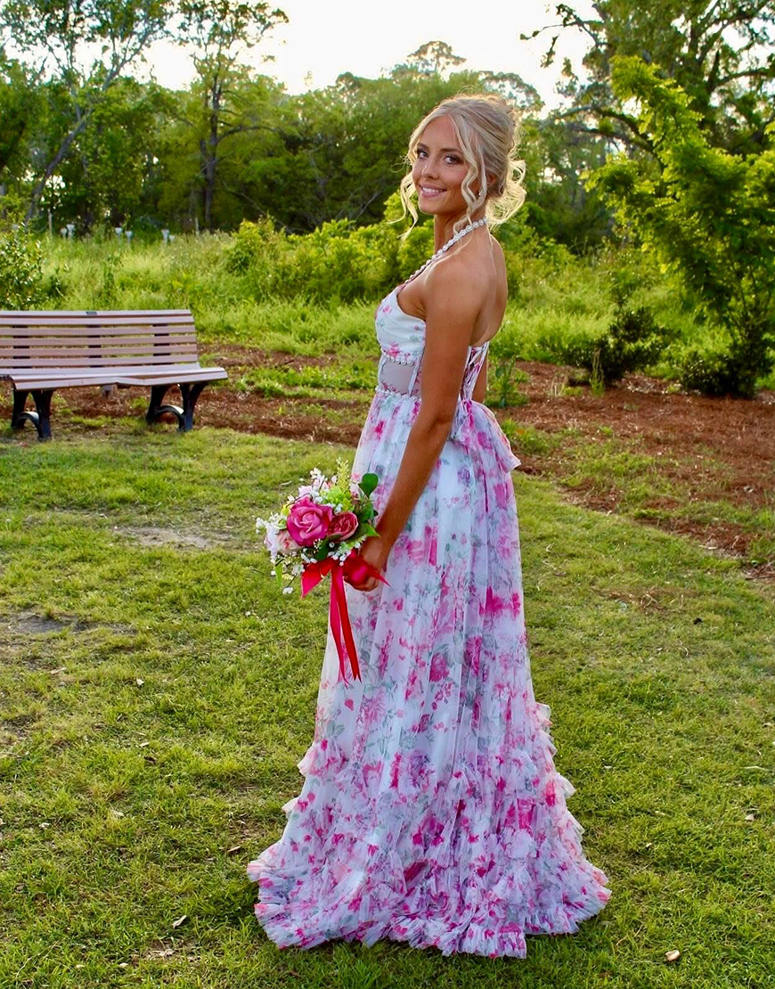 Pink Floral Halter Corset Ruffled Long Prom Dress with Slit