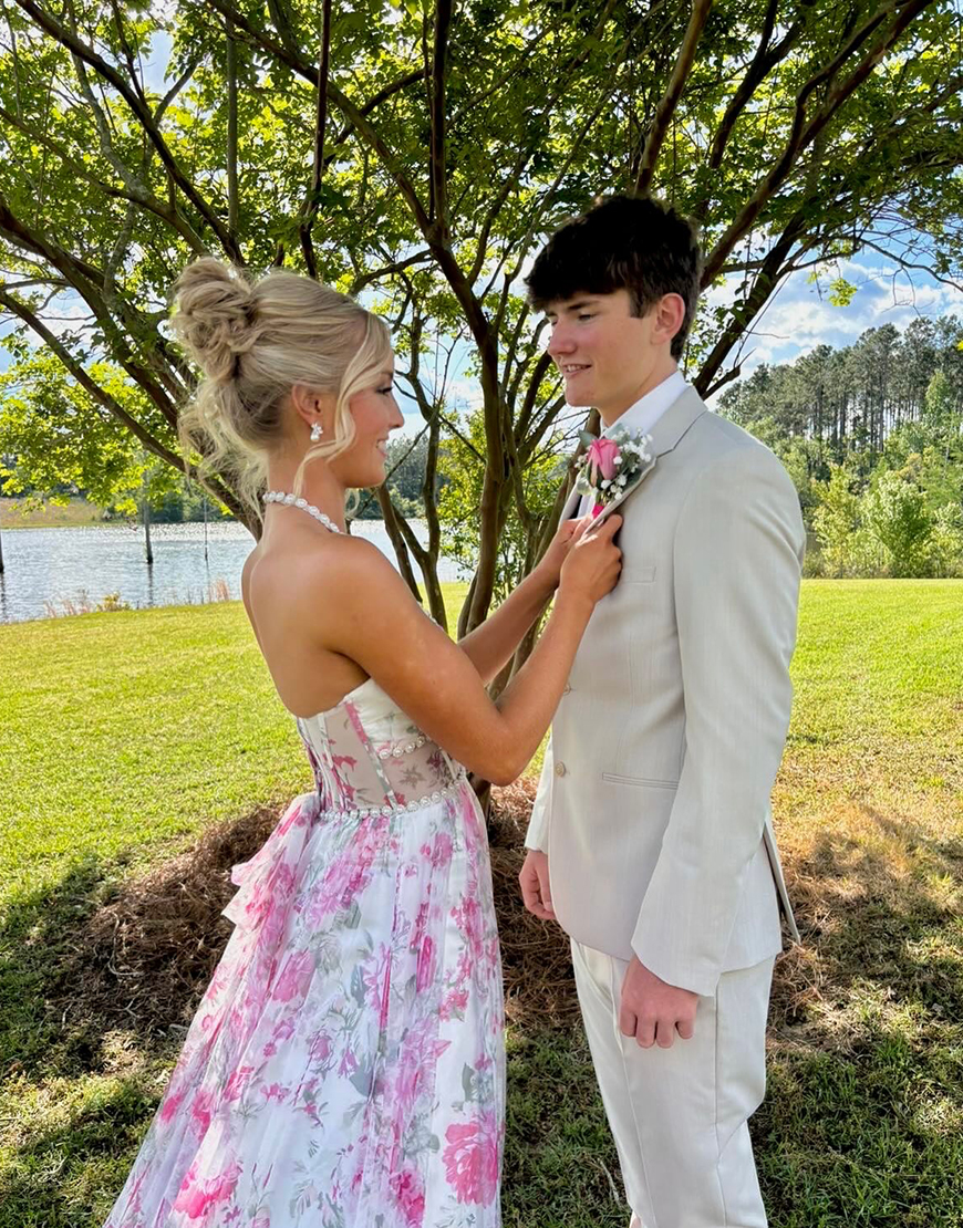 Pink Floral Halter Corset Ruffled Long Prom Dress with Slit