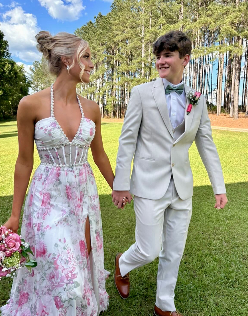 Pink Floral Halter Corset Ruffled Long Prom Dress with Slit