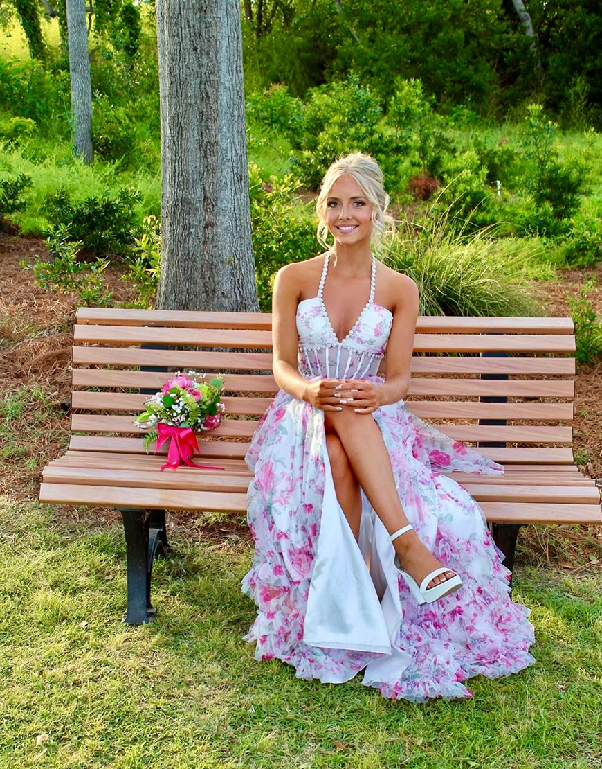 Pink Floral Halter Corset Ruffled Long Prom Dress with Slit