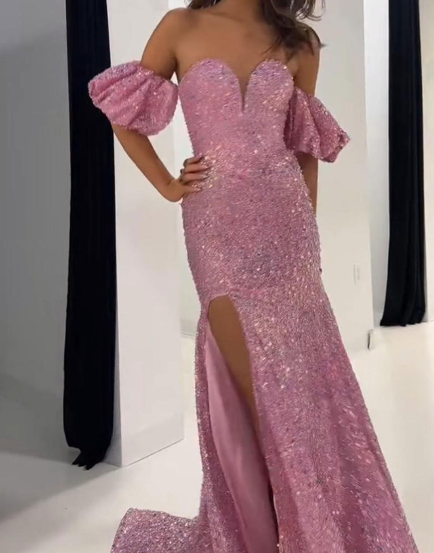 Sparkly Grey Pink Mermaid Long Sequin Prom Dress with Slit