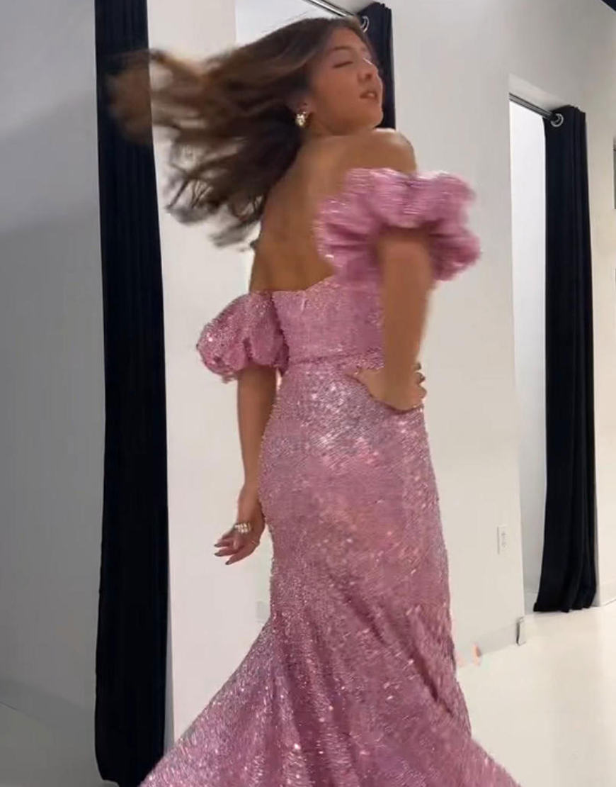 Sparkly Grey Pink Mermaid Long Sequin Prom Dress with Slit