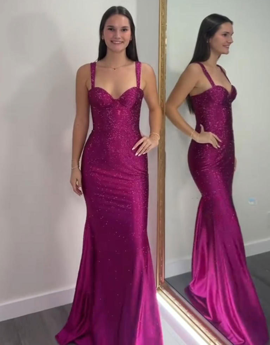 Sparkly Fuchsia Mermaid Thick Straps Beaded Long Prom Dress