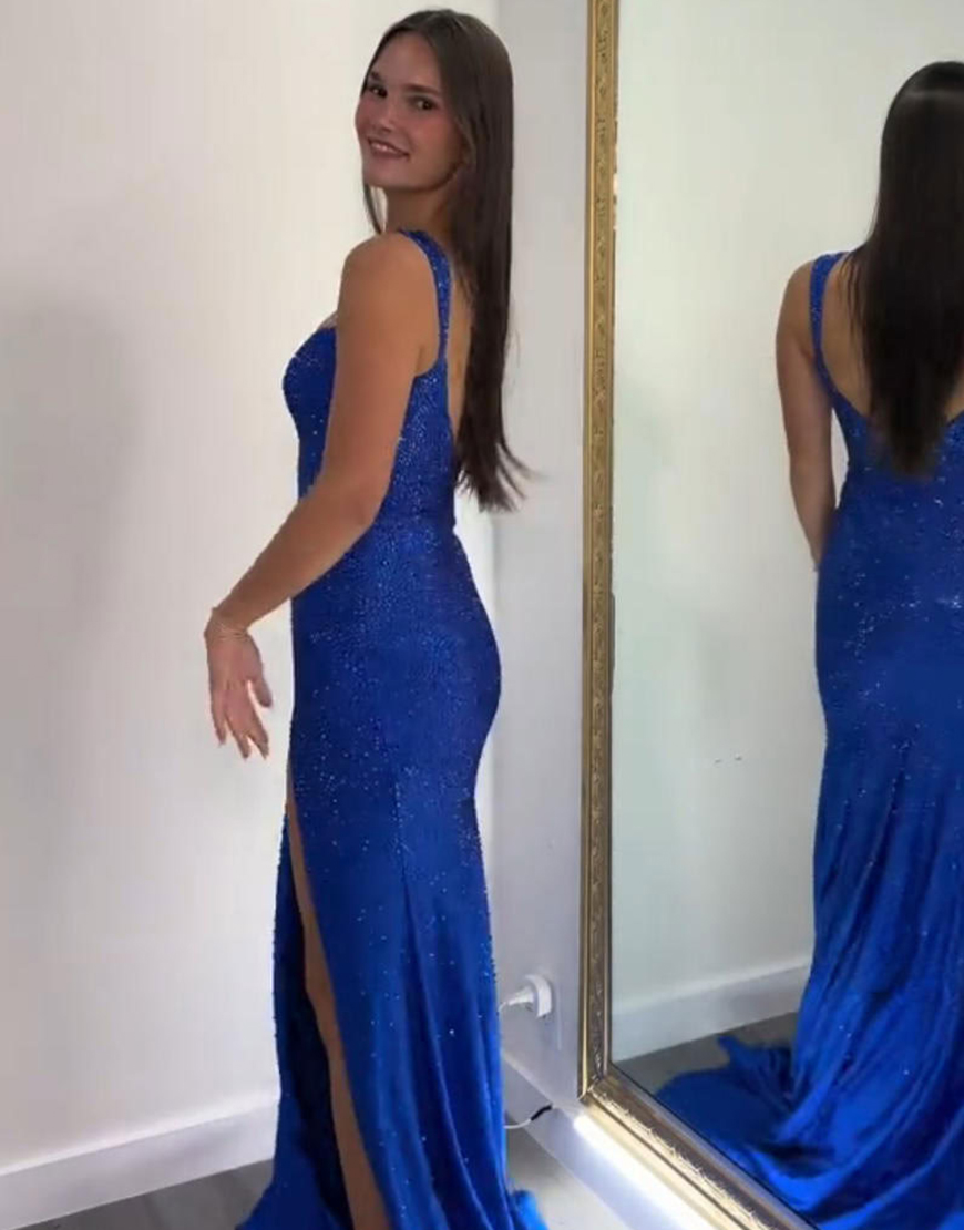 Sparkly Fuchsia Mermaid Beaded Long Prom Dress with Slit