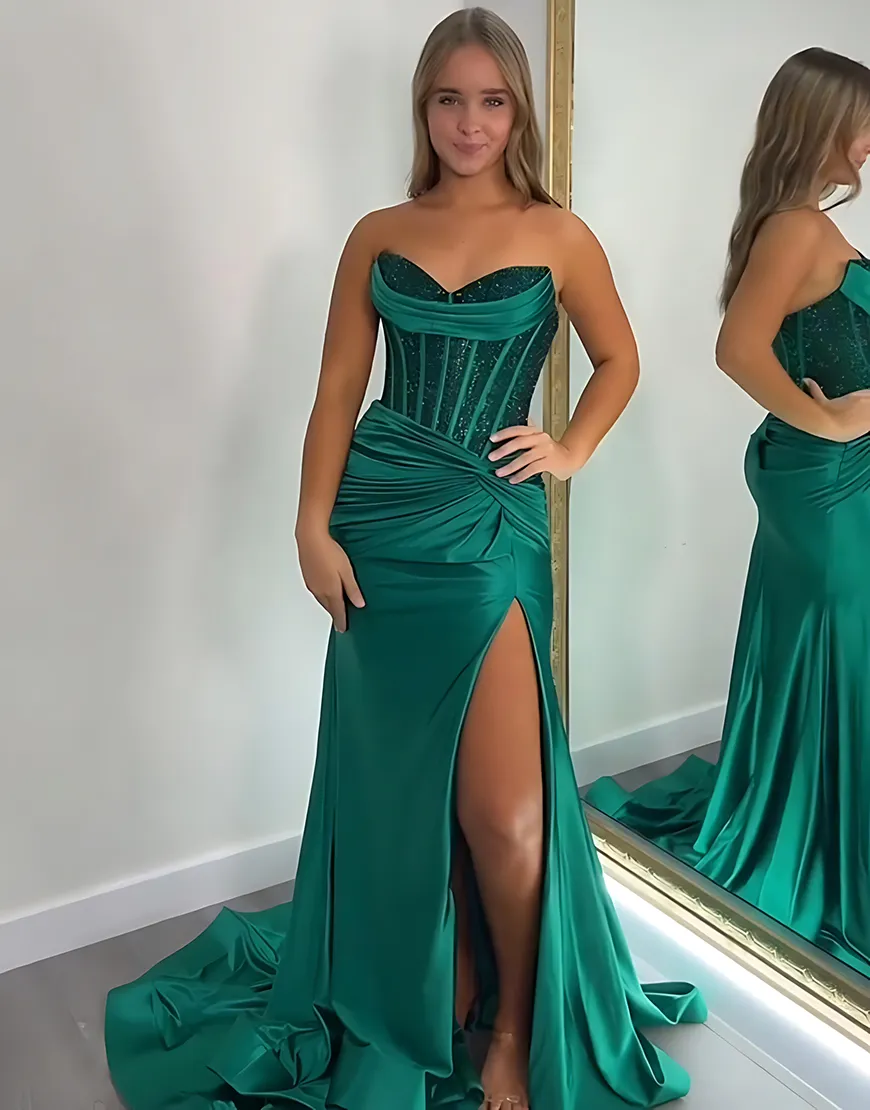 Sparkly Blush Beaded Corset Satin Mermaid Long Prom Dress with Slit