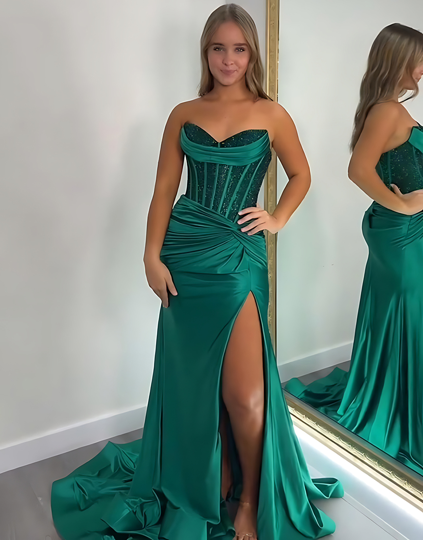 Sparkly Black Beaded Mermaid Corset Long Prom Dress with Slit