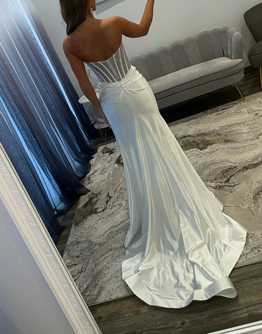 Sparkly Blush Beaded Corset Satin Mermaid Long Prom Dress with Slit