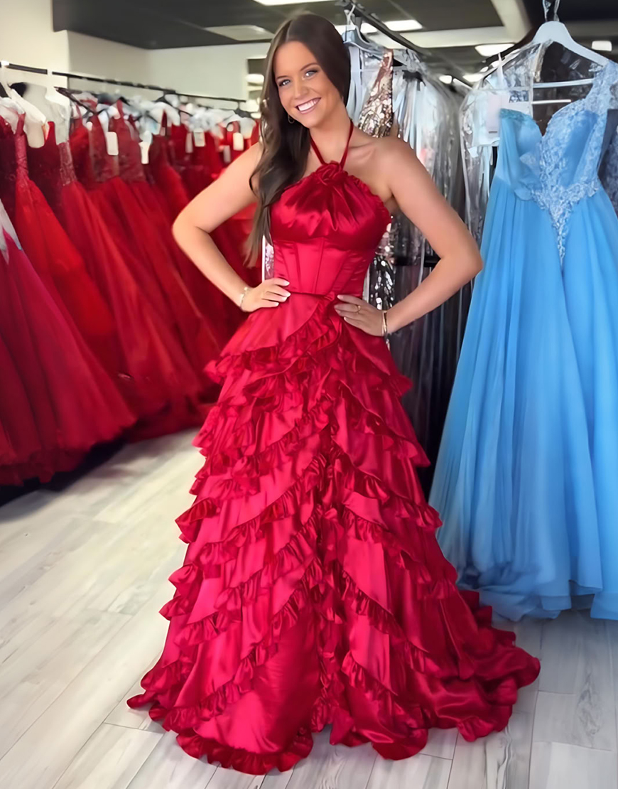 Fuchsia A Line Corset Halter Long Tiered Prom Dress with Ruffles