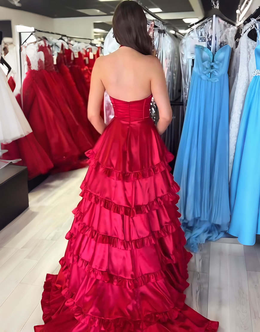 Fuchsia A Line Corset Halter Long Tiered Prom Dress with Ruffles