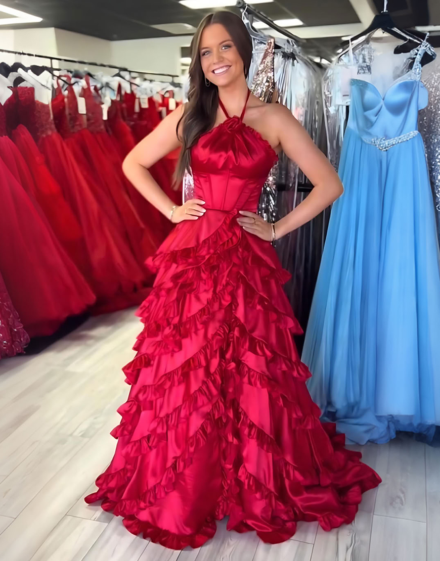 Fuchsia A Line Corset Halter Long Tiered Prom Dress with Ruffles