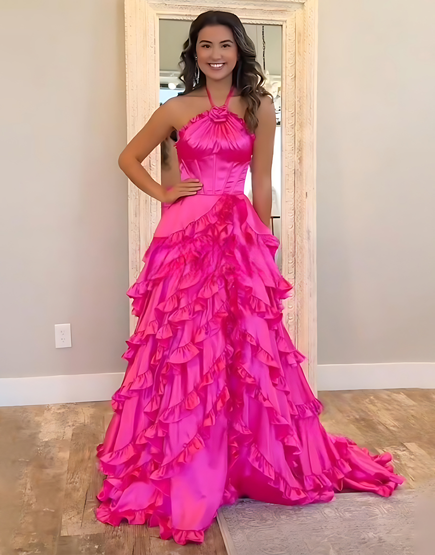 Fuchsia A Line Corset Halter Long Tiered Prom Dress with Ruffles