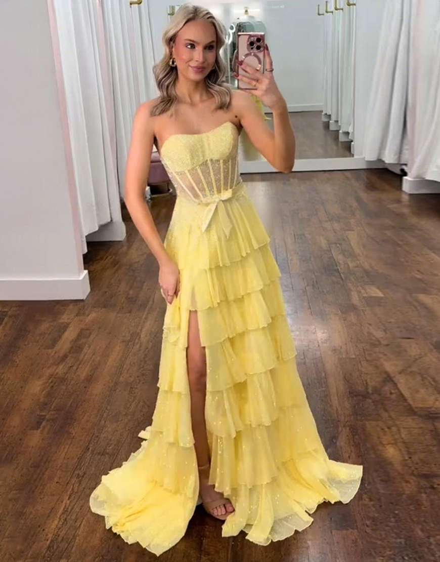 Sparkly Yellow A Line Ruffled Long Corset Prom Dress with Bow