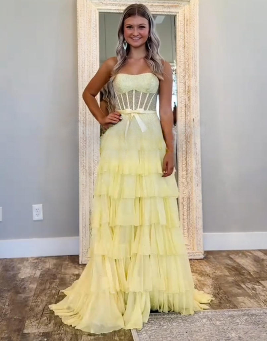 Berlinnova Women Sparkly Yellow Ruffled Long Corset Prom Dress with Bow Beaded A Line Strapless Tiered Pageant Dress