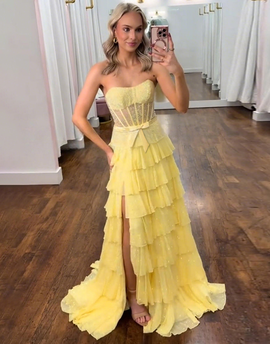 Sparkly Yellow A Line Ruffled Long Corset Prom Dress with Bow