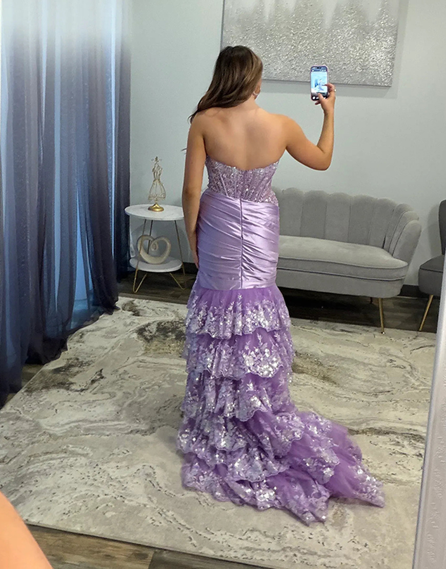 Sparkly Blue Mermaid Tiered Lace Corset Long Prom Dress with Slit