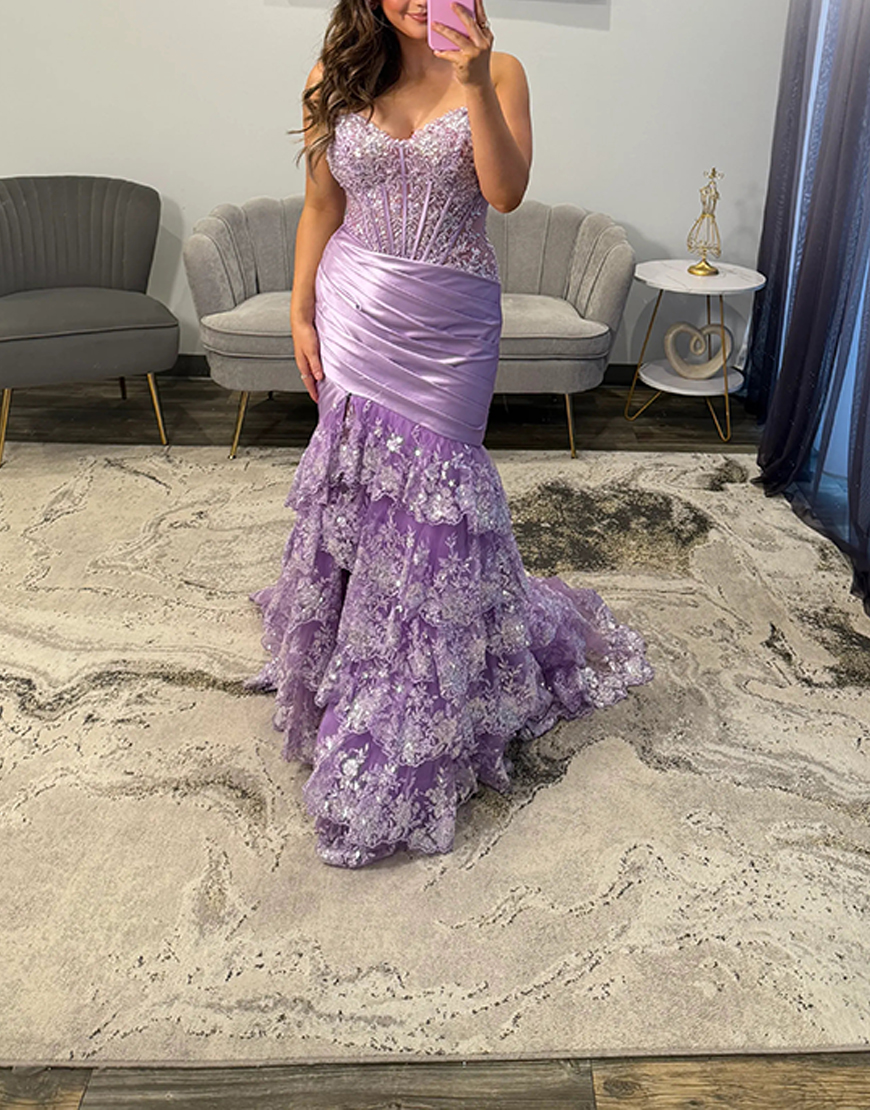 Sparkly Blue Mermaid Tiered Lace Corset Long Prom Dress with Slit