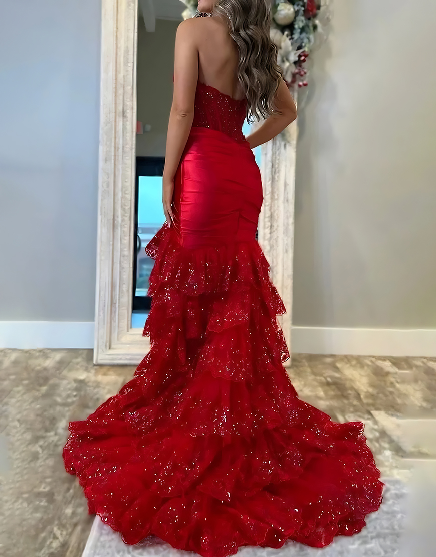 Sparkly Blue Mermaid Tiered Lace Corset Long Prom Dress with Slit