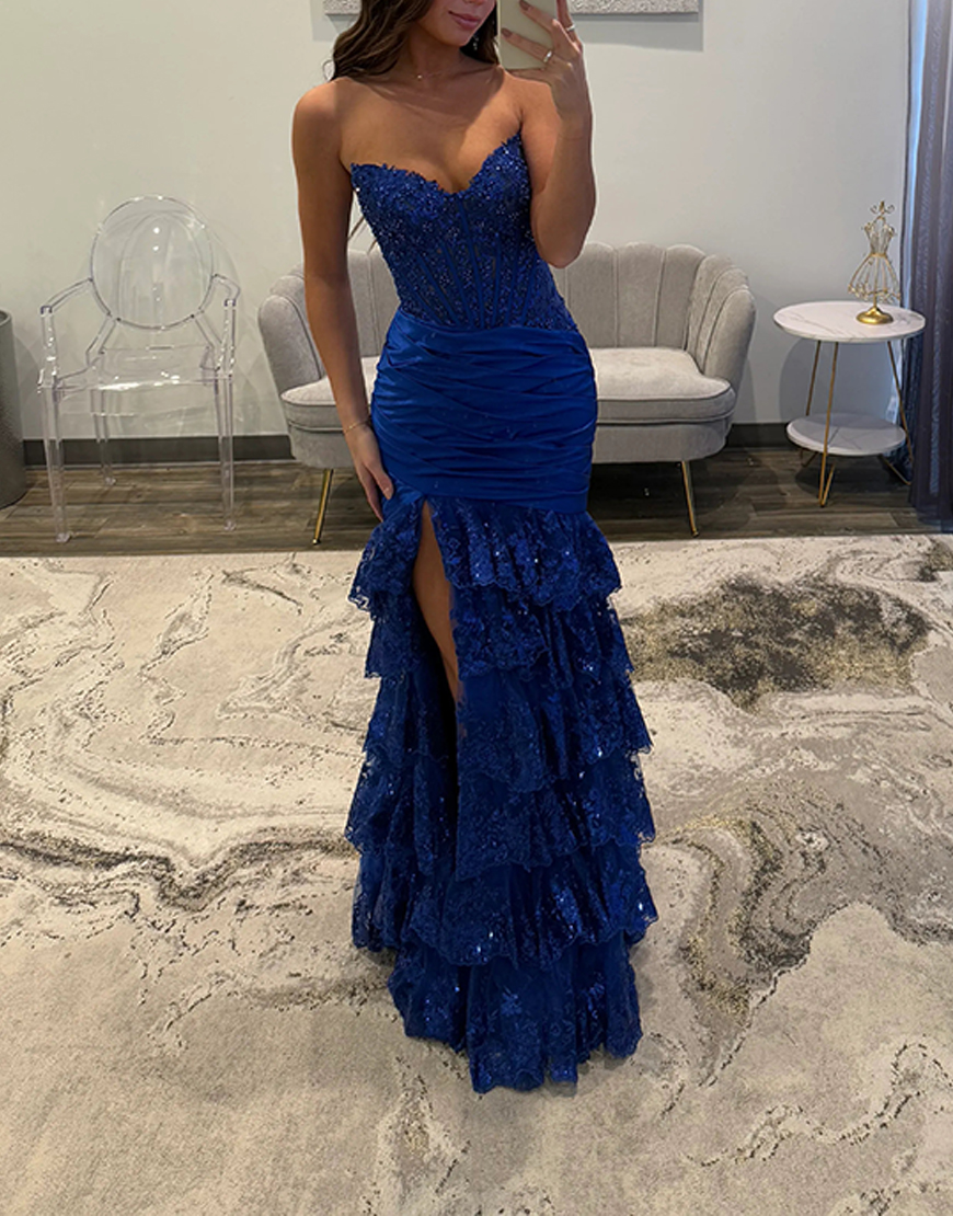 Sparkly Blue Mermaid Tiered Lace Corset Long Prom Dress with Slit