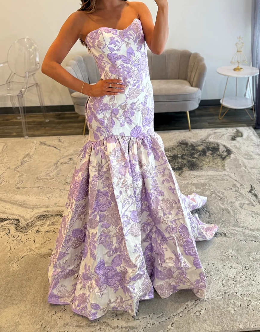 Elegant Lilac Sweetheart A Line Jacquard Floral Long Prom Dress