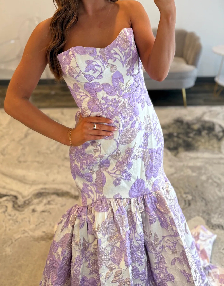 Elegant Lilac Sweetheart A Line Jacquard Floral Long Prom Dress