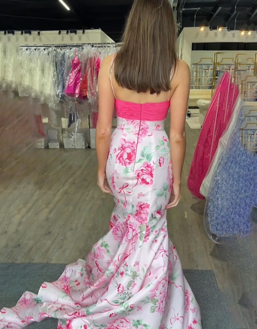 White Red Flower Spaghetti Straps Long Mermaid Prom Dress with Bow