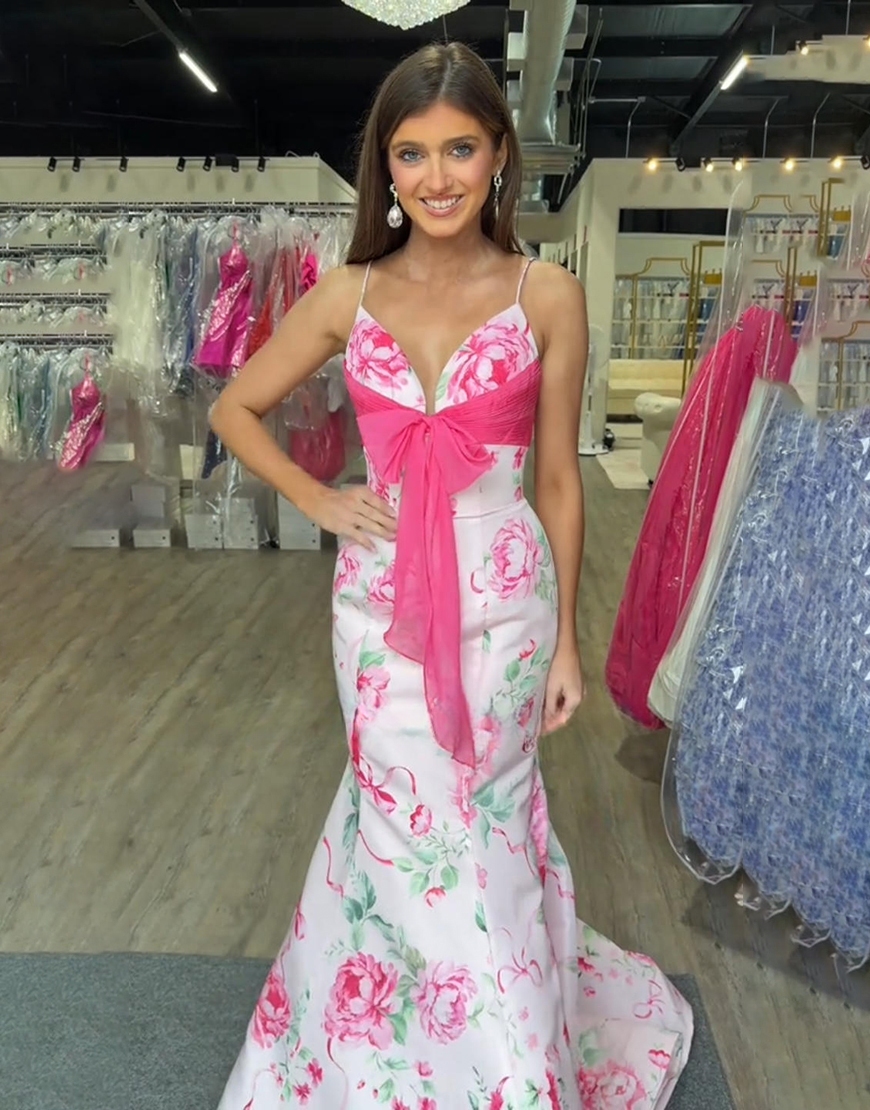 White Red Flower Spaghetti Straps Long Mermaid Prom Dress with Bow