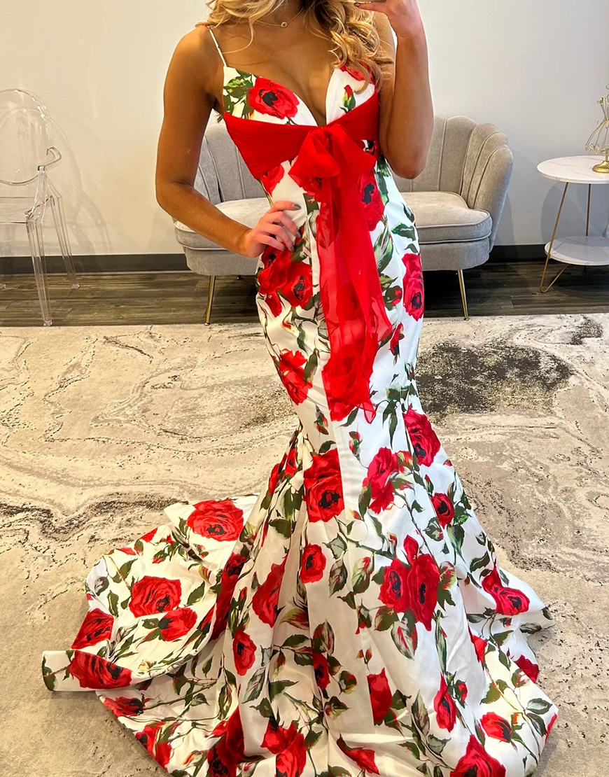 White Red Flower Spaghetti Straps Long Mermaid Prom Dress with Bow
