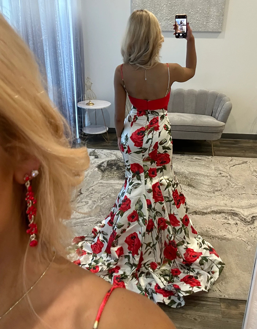 White Red Flower Spaghetti Straps Long Mermaid Prom Dress with Bow