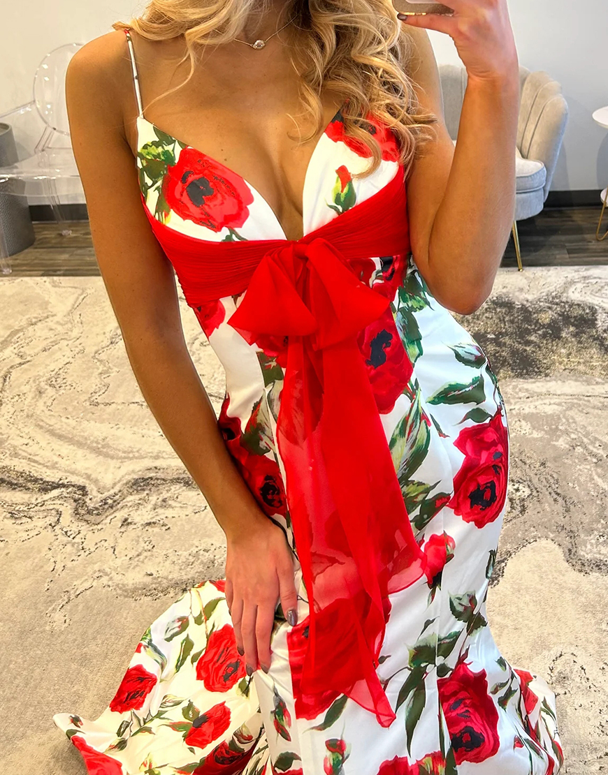 White Red Flower Spaghetti Straps Long Mermaid Prom Dress with Bow