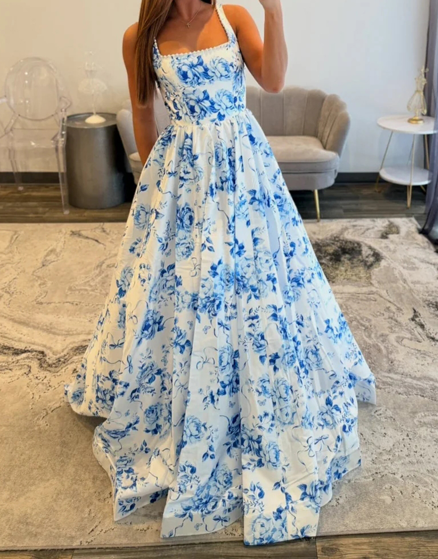 Berlinnova Women White Blue Flower Square Neck Long Prom Dress with Pearls A Line Backless Pageant Dress