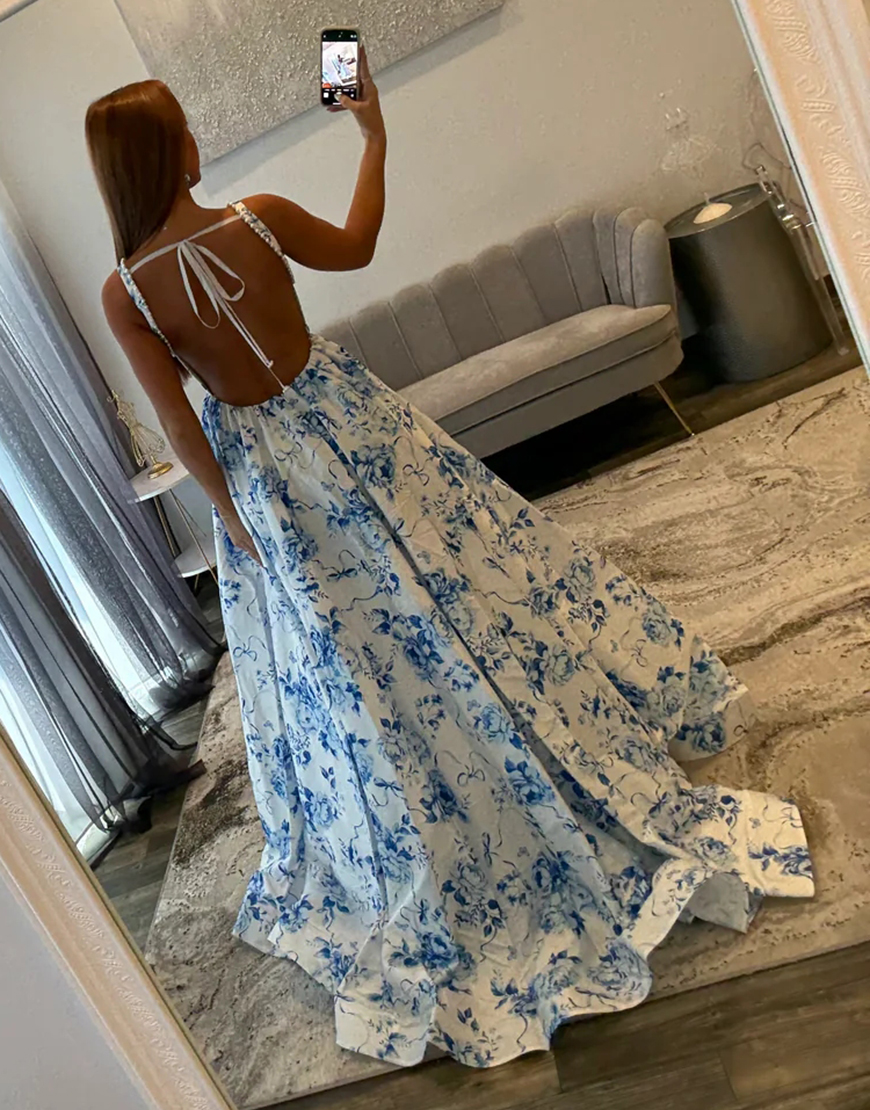 White Blue Flower A Line Long Backless Prom Dress with Pearls