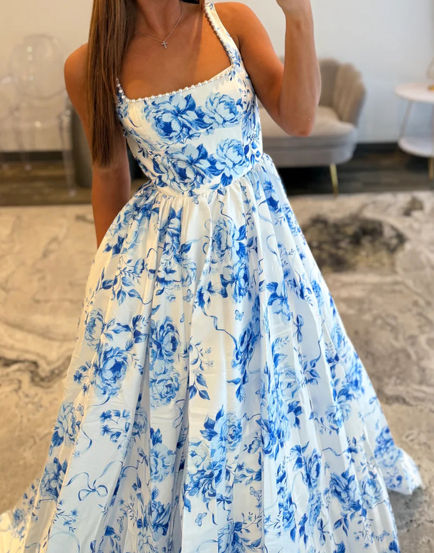 White Blue Flower A Line Long Backless Prom Dress with Pearls