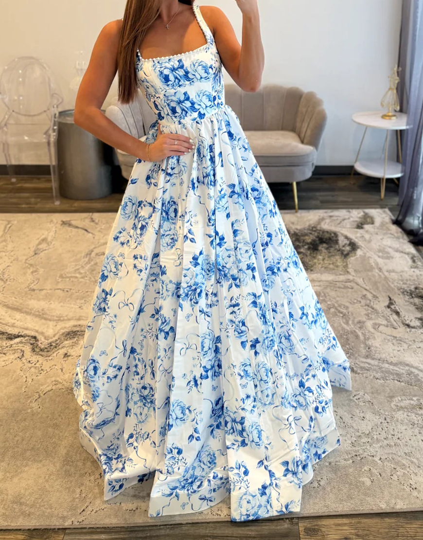 White Blue Flower A Line Long Backless Prom Dress with Pearls