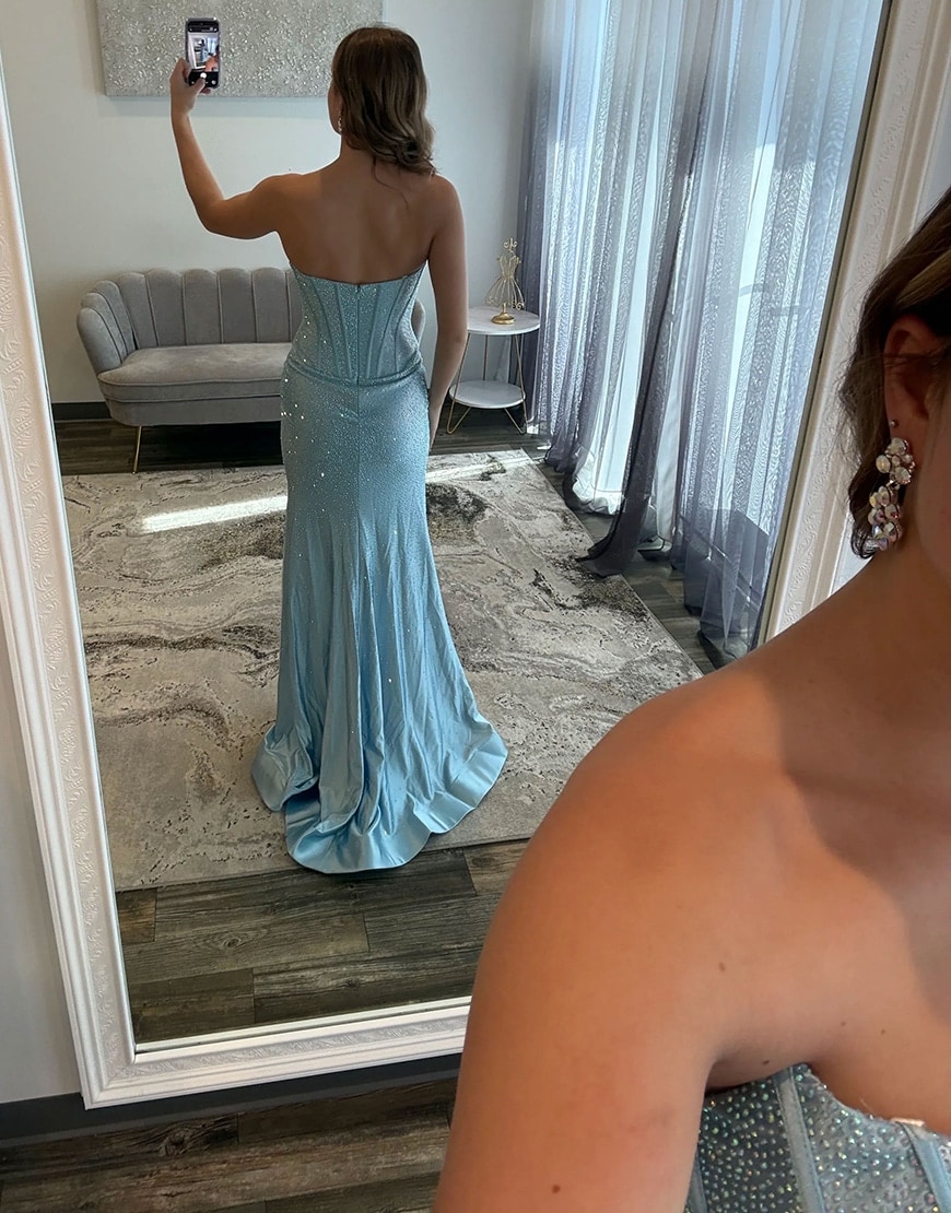 Sparkly Fuchsia Mermaid Corset Beaded Long Prom Dress with Slit