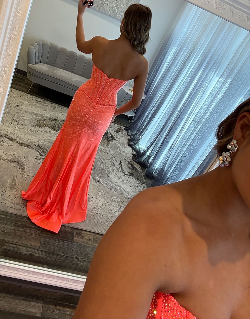 Sparkly Fuchsia Mermaid Corset Beaded Long Prom Dress with Slit