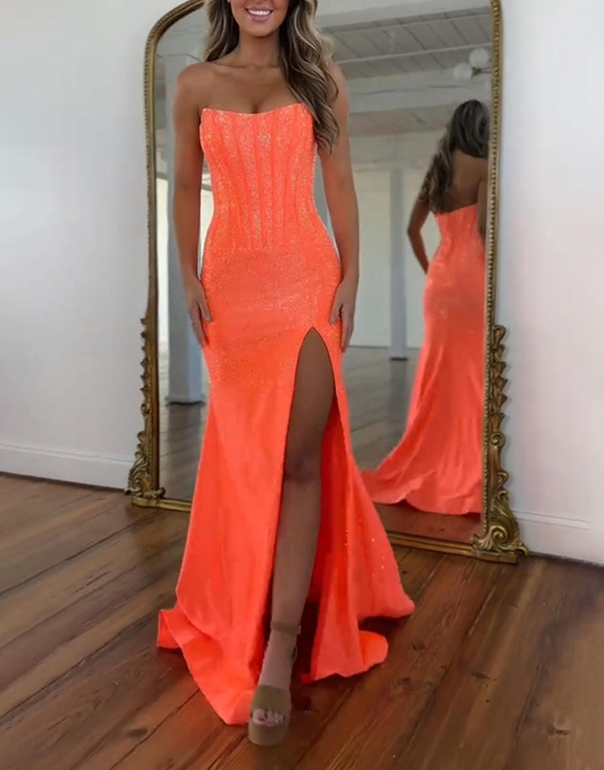 Sparkly Fuchsia Mermaid Corset Beaded Long Prom Dress with Slit