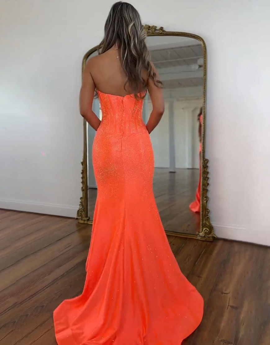 Sparkly Fuchsia Mermaid Corset Beaded Long Prom Dress with Slit