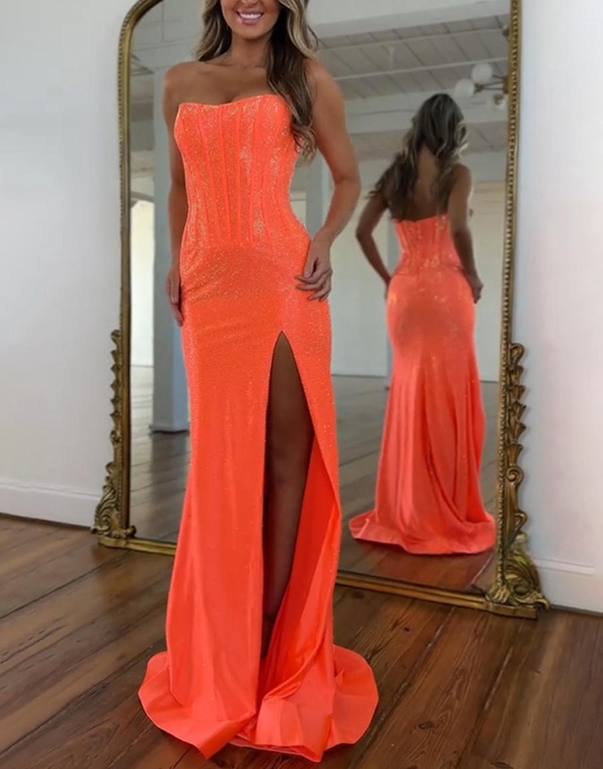 Sparkly Fuchsia Mermaid Corset Beaded Long Prom Dress with Slit