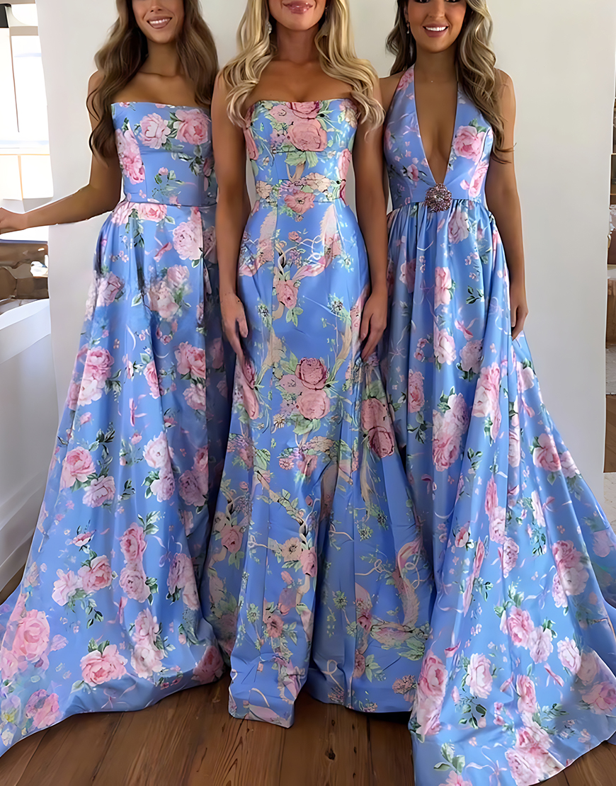 Floral Pink A Line Halter Long Prom Dress with Slit