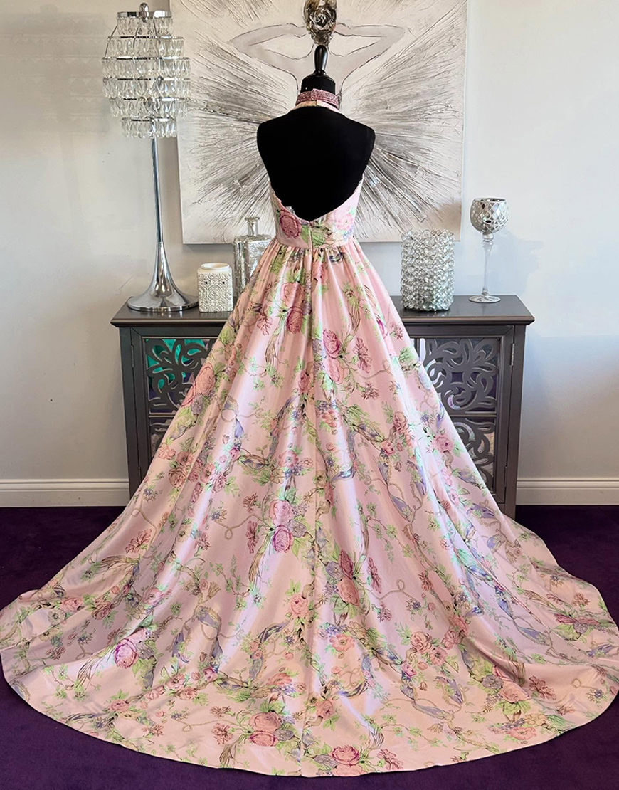 Floral Pink A Line Halter Long Prom Dress with Slit