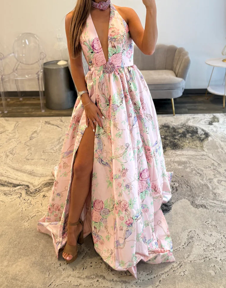 Floral Pink A Line Halter Long Prom Dress with Slit