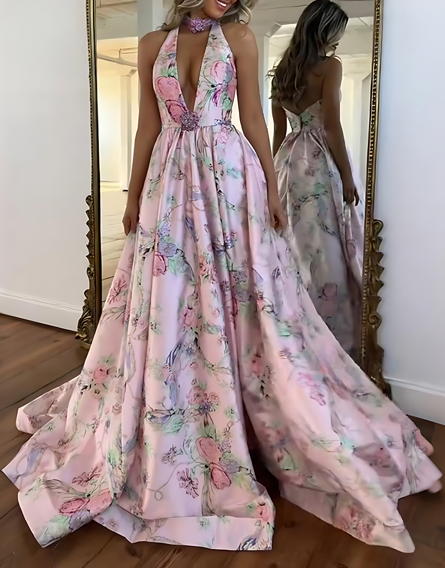 Floral Pink A Line Halter Long Prom Dress with Slit